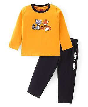 Babyhug Cotton Knit Full Sleeves T-Shirt & Lounge Pants Set With Animals Print - Mustard & Black