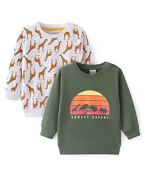 Babyhug Cotton Knit Full Sleeves Sweatshirts with Giraffe Print Pack of 2 - White & Green