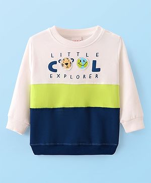 Babyhug Cotton Knit Full Sleeves Sweatshirt with Colour Block Design & Animal Patch Detailing - White