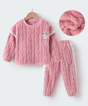 Kookie Kids Winter Wear Full Sleeves Drop Shoulder Night Suit With Bunny Patch & Cable Knit Design - Pink