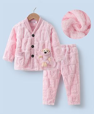 Kookie Kids Winter Wear Full Sleeves Front Open Night Suit With Bear Applique - Pink