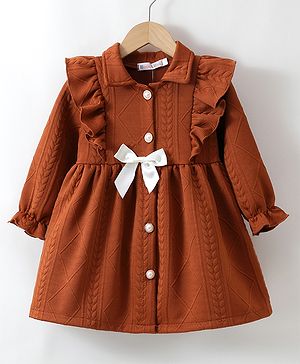 Kookie Kids Front Open Winter Frock with Frill Detailing & Bow Applique - Brown