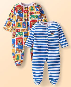 Babyhug Cotton Knit Full Sleeves Sleep Suits Striped & Bear Print Pack of 2 - Yellow & Blue