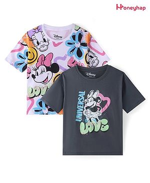 Honeyhap Disney Cotton Knit Half Sleeves T-Shirts With Minnie Mouse Graphics Pack of 2 - Black & Off White