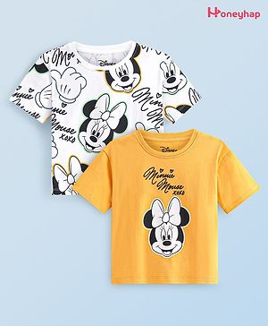 Honeyhap Disney Cotton Knit Half Sleeves T-Shirt With Minnie Mouse Graphics Pack of 2 - White & Yellow