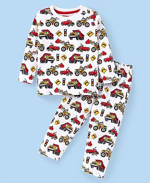 Babyhug Cotton Knit Full Sleeves Night Suit With Construction Vehicles Print - White