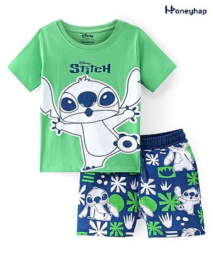 Honeyhap Disney Cotton Knit Half Sleeves T-shirt and Shorts Night Suit With Lilo & Stitch Graphics - Green & Navy