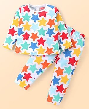 Babyhug Cotton Knit Full Sleeves Night Suit With Stars Print - Off White