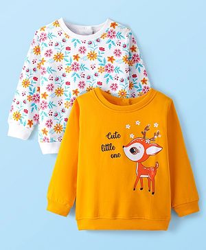 Babyhug Cotton Knit Full Sleeves Sweat Shirts with Floral & Deer Graphics Pack of 2 - White & Orange