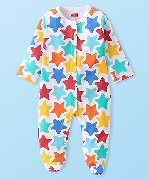 Babyhug Preemie  Full Sleeves Footed  Sleep Suit with Star Print - Blue