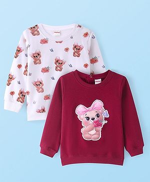 Babyhug Cotton Knit Full Sleeves Sweatshirts with Bear & Floral Print Pack of 2 - Maroon & White