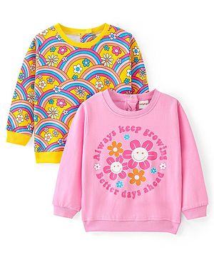 Babyhug Cotton Knit Full Sleeves Sweatshirts With Rainbow & Floral Print Pack of 2 - Pink & Yellow
