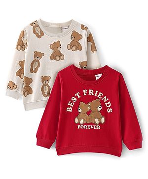 Babyhug Cotton Knit Full Sleeves Sweatshirts with Text & Bear Graphics Pack of 2 - Red & White