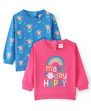 Babyhug Cotton Knit Full Sleeves Sweatshirts with Floral & Rainbow Print Pack of 2 - Blue & Pink