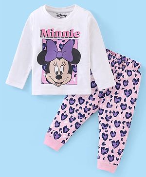 Babyhug Disney Single Jersey Knit Full Sleeves Night Suit with Minnie Mouse Graphics - White & Purple