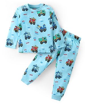 Babyhug Cotton Knit Full Sleeves Night Suit With Vehicles Print - Sky Blue