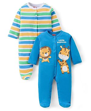 Babyhug Cotton Knit Full Sleeves Sleep Suits With Stripes & Animals Print Pack Of 2 - Green & Blue