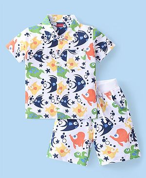 Babyhug Cotton Knit Half Sleeves Shirt & Shorts Co-Ord Set With Fishes Print - Multicolor