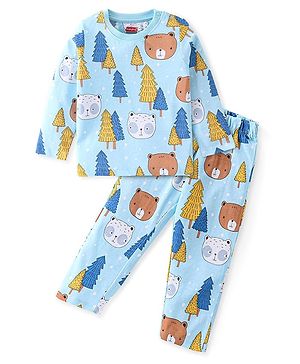Babyhug Cotton Knit Full Sleeves Night Suit with Teddy Bear Print - Blue