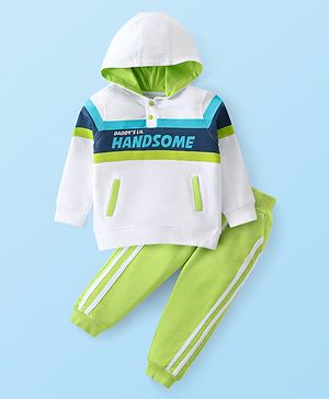 Babyhug Single Jersey Knit Full Sleeves Hooded T-Shirt with Kangaroo Pocket & Lounge Pants Set Text Print - White & Green