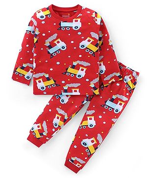 Babyhug Cotton Knit Full Sleeves Night Suit With Steam Engine Print - Red