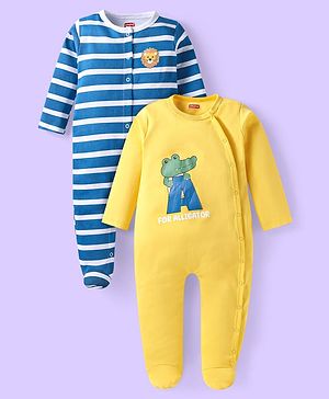 Babyhug Cotton Knit Full Sleeves Sleep Suits Striped & Lion Print Pack of 2 - Yellow & Blue