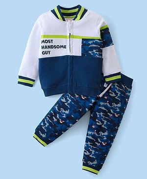 Babyhug Single Jersey Knit Full Sleeves Cut & Sew Design T-Shirt  & Lounge Pants Set Camouflage & Text Print - White & Navy
