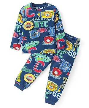 Babyhug Cotton Knit Full Sleeves Night Suit With Varsity Print - Navy