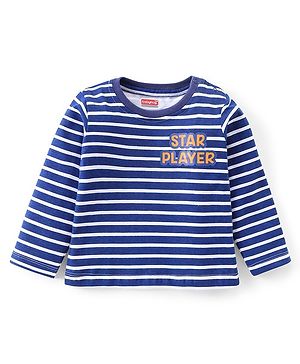 Babyhug Cotton Knit Full Sleeves Striped T-Shirt With Text Print - Navy