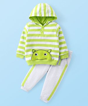 Babyhug Single Jersey Knit Full Sleeves Hooded Striped T-Shirt with Patch & Lounge Pant Set- Lime