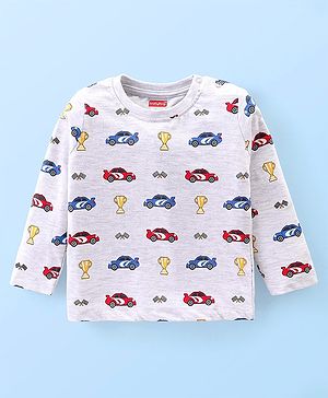 Babyhug Cotton Knit Full Sleeves T-Shirt With Car & Trophy Graphics - Grey
