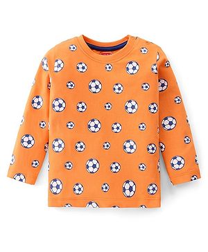 Babyhug Cotton Knit Full Sleeves T-Shirt with Football Print - Orange