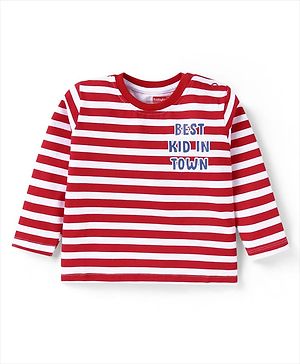 Babyhug Cotton Knit Full Sleeves Striped T-Shirt with Text Print - Red & White