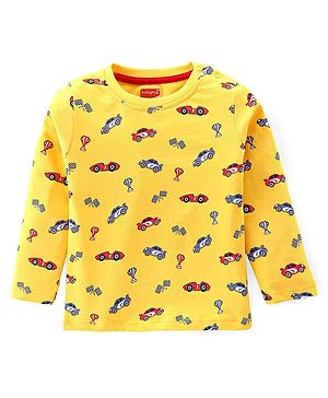 Babyhug Cotton Knit Full Sleeves T-Shirt With Car Print - Yellow