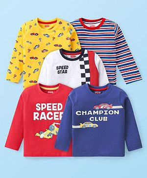 Babyhug Cotton Knit Full Sleeves T-Shirt with Car & Text Print Pack of 5 - Multicolor
