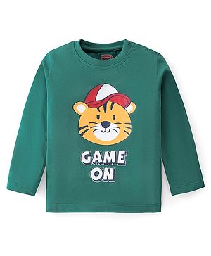 Babyhug Cotton Knit  Full Sleeves T-Shirt  With Animal & Text Graphics - Green