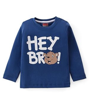 Babyhug Cotton Knit  Full Sleeves T-Shirt With Text & Bear Print - Navy Blue