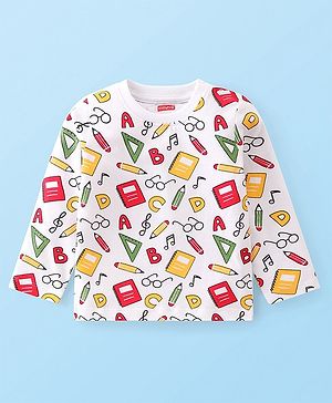 Babyhug Cotton Knit  Full Sleeves T-Shirt with Geometric Graphics - White