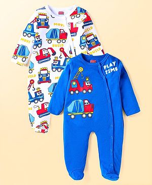 Babyhug Cotton Knit Full Sleeves Sleep Suits With Construction Vehicles Print Pack Of 2 - White & Navy