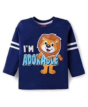 Babyhug Cotton Knit Full Sleeves T-Shirt with Text & Lion Graphics - Navy Blue