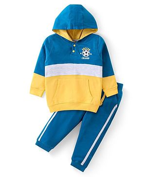 Babyhug Single Jersey Knit Full Sleeves Hooded Colour Block T-Shirt with Kangaroo Pocket & Lounge Pants Set Solid Colour - Navy