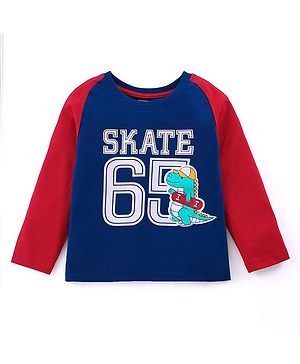 Babyhug Cotton Knit Full Raglan Sleeves Dino & Text Printed T-Shirt - Royal Blue