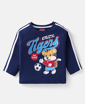 Babyhug Cotton Knit Full Raglan  Sleeves Text & Tiger Printed T-Shirt with Tape Detailing - Navy Blue
