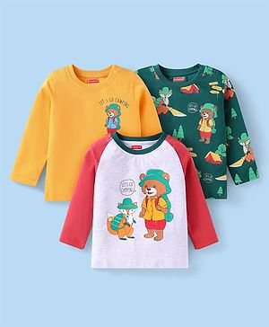 Babyhug Cotton Knit Raglan Sleeves T-Shirts With Animal Print Pack of 3 - Grey Orange & Green