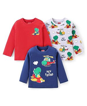 Babyhug Cotton Knit Full Sleeves T-Shirts with Dino & Tiger Print Pack of 3 - Red Navy Blue & White