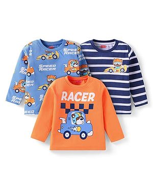 Babyhug Cotton Knit Full Sleeves T-Shirt With Vehicle Print Pack of 3 - Orange & Blue
