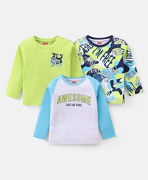 Babyhug Cotton Knit Full Sleeves Text Printed T-Shirts Pack of 3 - Light Green White & Navy Blue
