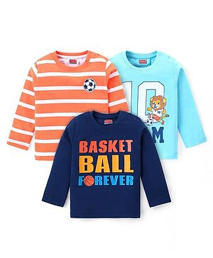 Babyhug Cotton Knit Full Sleeves Striped T-Shirts with Text Print Pack of 3 - Blue & Orange