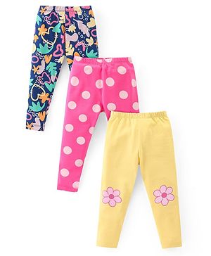 Babyhug Cotton Lycra Knit Full Length Stretchable Leggings with Polka Dots & Floral Print Pack of 3 - Multicolour