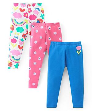 Babyhug Cotton Lycra Knit Full Length Stretchable Leggings with Floral Print Pack of 3 - Multicolour